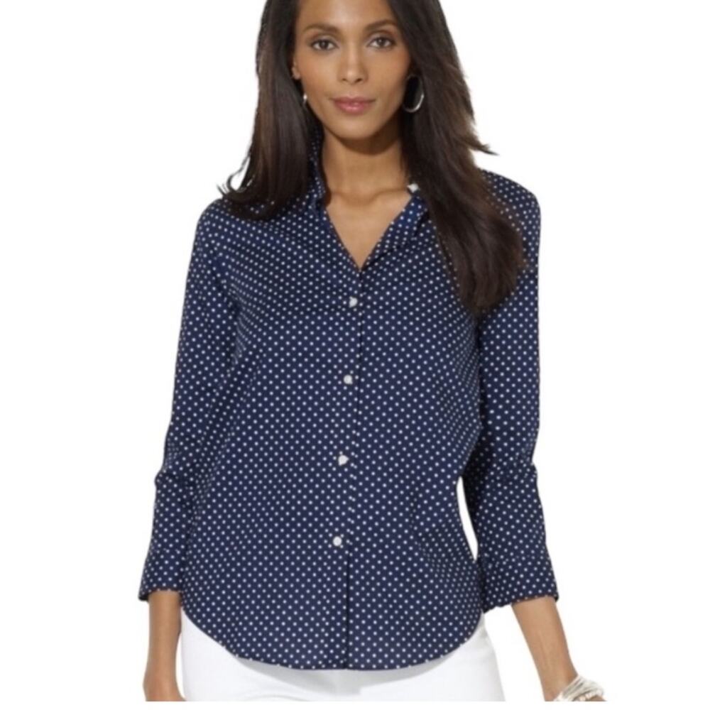 Ralph Lauren Non Iron Polka Dot Button Down Shirt Blue White 3/4 Sleeve LARGE - Picture 11 of 11